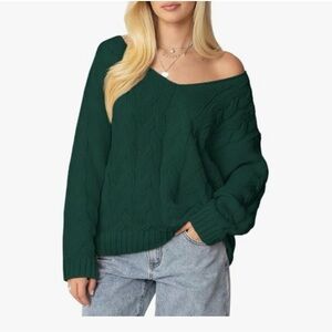 Women’s Off-Shoulder Cable Knit Sweater - Dark Green
